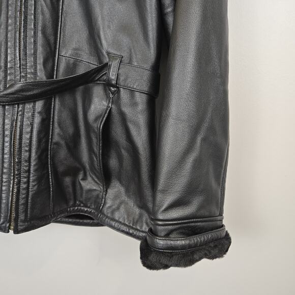 Wilson's Leather Belted Coat Jacket Faux Fur Lined Hooded Black MED VINTAGE MOTO - Picture 2 of 10